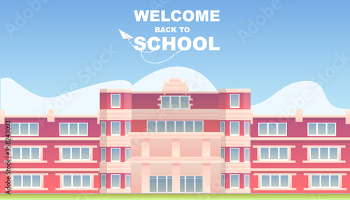 Welcome back to school. Building on the background of the city. Flat style vector illustration. Back to school for Web Landing Page, Banner, Sticker, Background.