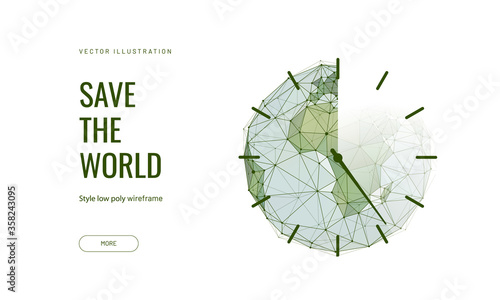 Planet earth in the form of a clock. Low poly wireframe style. Land resources run out. Polygonal abstract isolated on blue background. Vector illustration photo