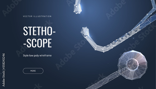 Stethoscope low poly wireframe banner template. 3d medical instrument for cardiological examination polygonal illustration. Hospital equipment mesh art promotional poster design layout