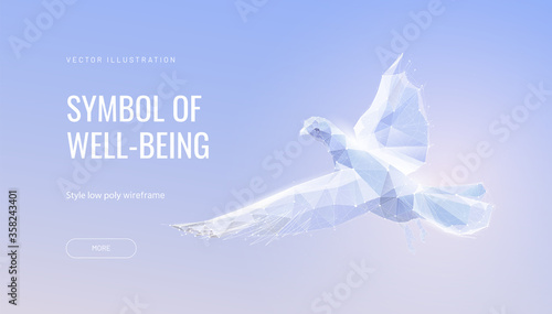 White dove in the sky. Low poly wireframe style. Concept of peace, freedom and hope. Polygonal abstract creativ isolated on blue background. Vector illustration.
