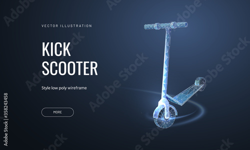 E-scooter. Low poly wireframe style. Banner concept for mobility in the city. Polygonal abstract isolated on black background. Particles are connected in a geometric silhouette. Vector illustration