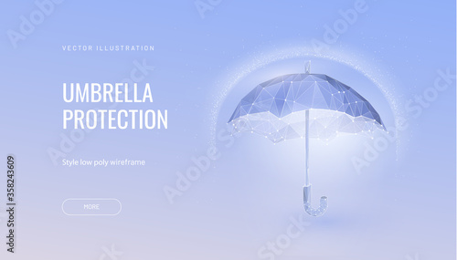 Umbrella shield. Low poly wireframe style. The concept of protection and isolation from external risk factors. Polygonal abstract isolated on blue background. Vector