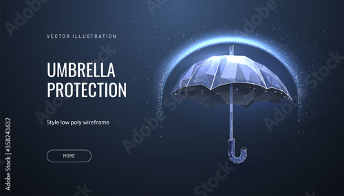 Umbrella shield. Low poly wireframe style. The concept of protection and isolation from external risk factors. Polygonal abstract isolated on blue background. Vector photo