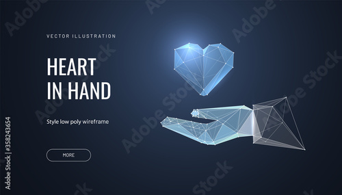 Heart in hand vector illustration - Polygonal abstract isolated on blue background - Concept for landing charity or saving lives or hope - Low poly wireframe style