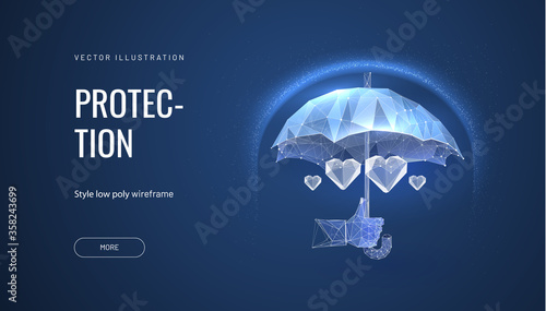 Health insurance concept on blue background. Umbrella polygonal, protecting the heart. Doctor holding an umbrella, person protecting the heart, symbolizing safety or life savings