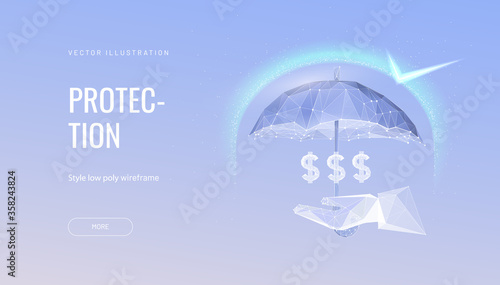 Money protection futuristic concept vector illustration. Glowing polygonal umbrella, shield over money on dark blue background. Financial savings insurance, secure business economy