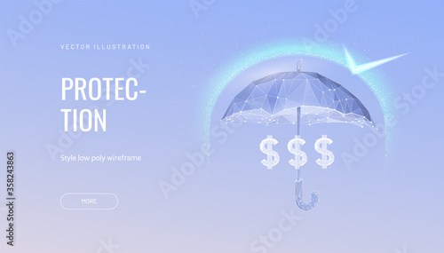 Money protection futuristic concept vector illustration. Glowing polygonal umbrella, shield over money on dark blue background. Financial savings insurance, secure business economy