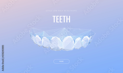 Human jaw low poly wireframe landing page template. 3d teeth mesh art illustration. Dentist, orthodontic services polygonal banner. Mouth cavity hygiene promotional website page design layout