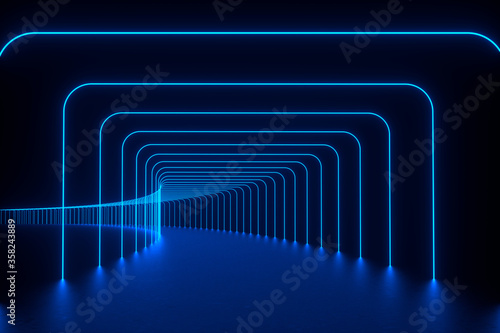 3D Rendering Illustration. Futuristic Sci Fi Dark Empty Room With Neon Glowing. 3D abstract background with neon lights. 