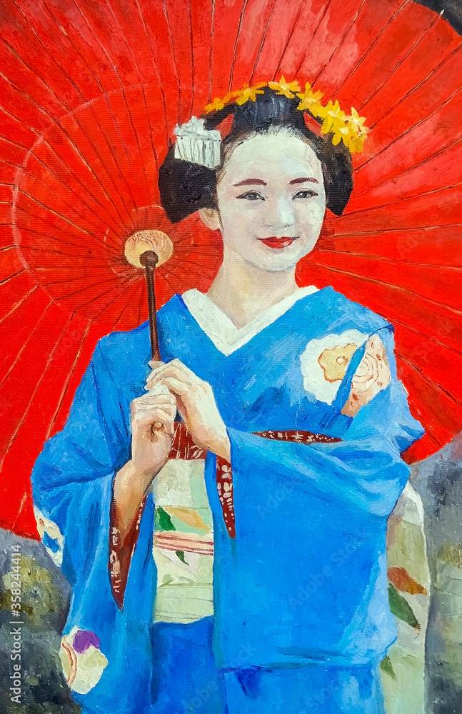 Fototapeta premium Smiling Asian girl in traditional blue dress holding a bright red umbrella. Oil painting on canvas.