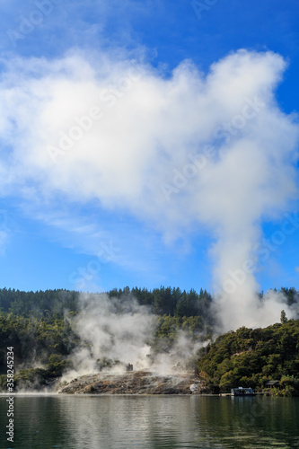 Steam pours from the geothermal area at Orakei Korako, a tourist attraction in the Taupo Volcanic Zone, New Zealand