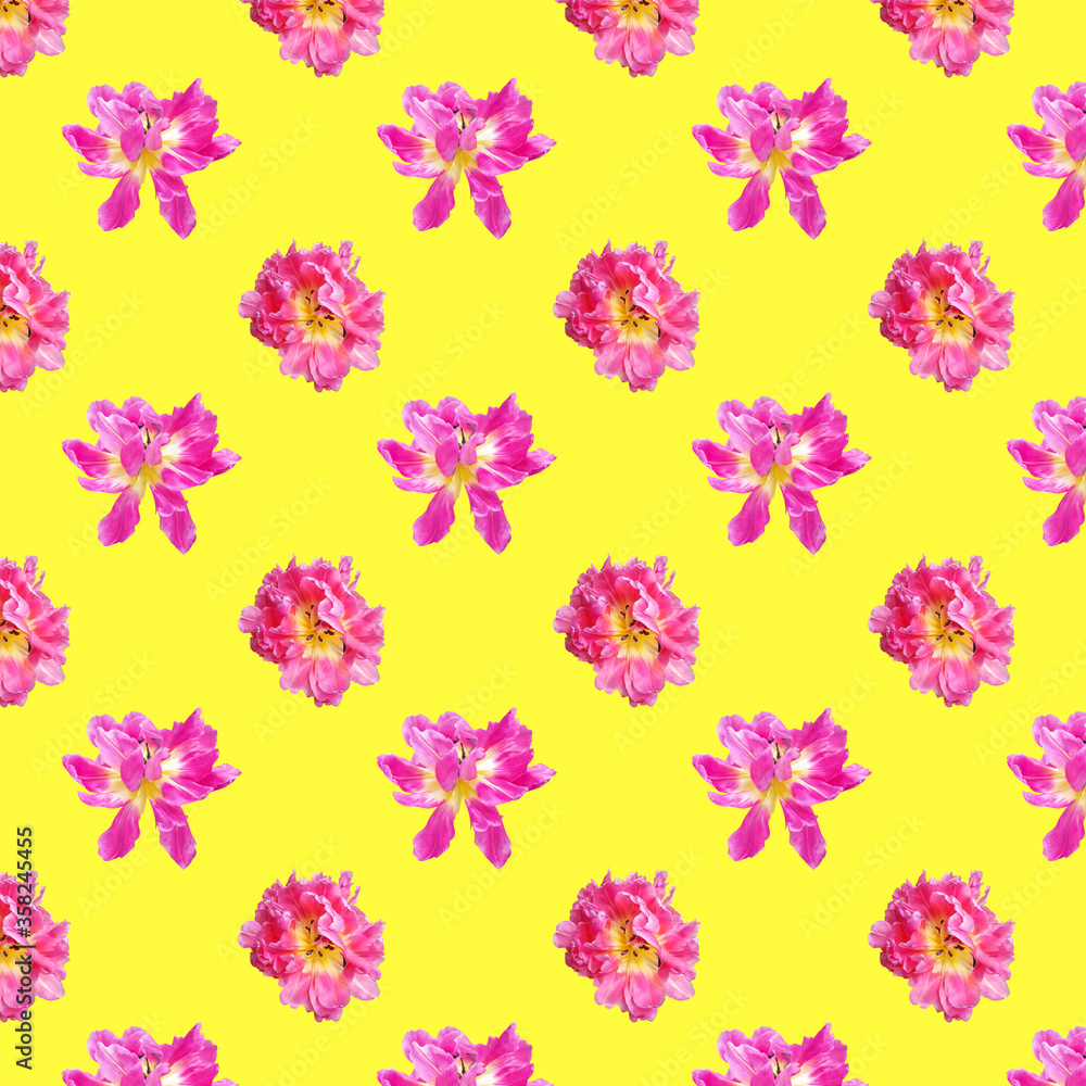 Seamless pattern of pink tulips on a yellow background. The concept of plants, summer, holiday. Seamless pattern of pink tulips on a yellow background. The concept of plants, summer, holiday.
