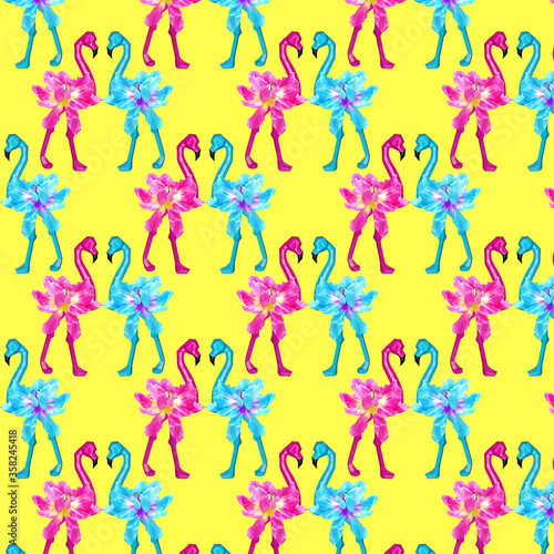 Seamless pattern of pink and blue flamingos on a yellow background. The concept of love, holiday.