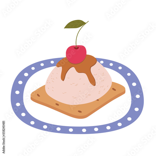 Vector cake with cookies, souffle and cherry on a plate with a blue edge. 