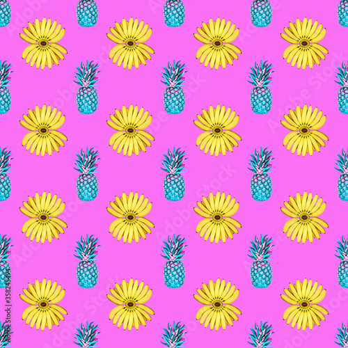 Seamless pattern of a bunch of yellow bananas and pineapples on a pink background. The concept of food, summer.