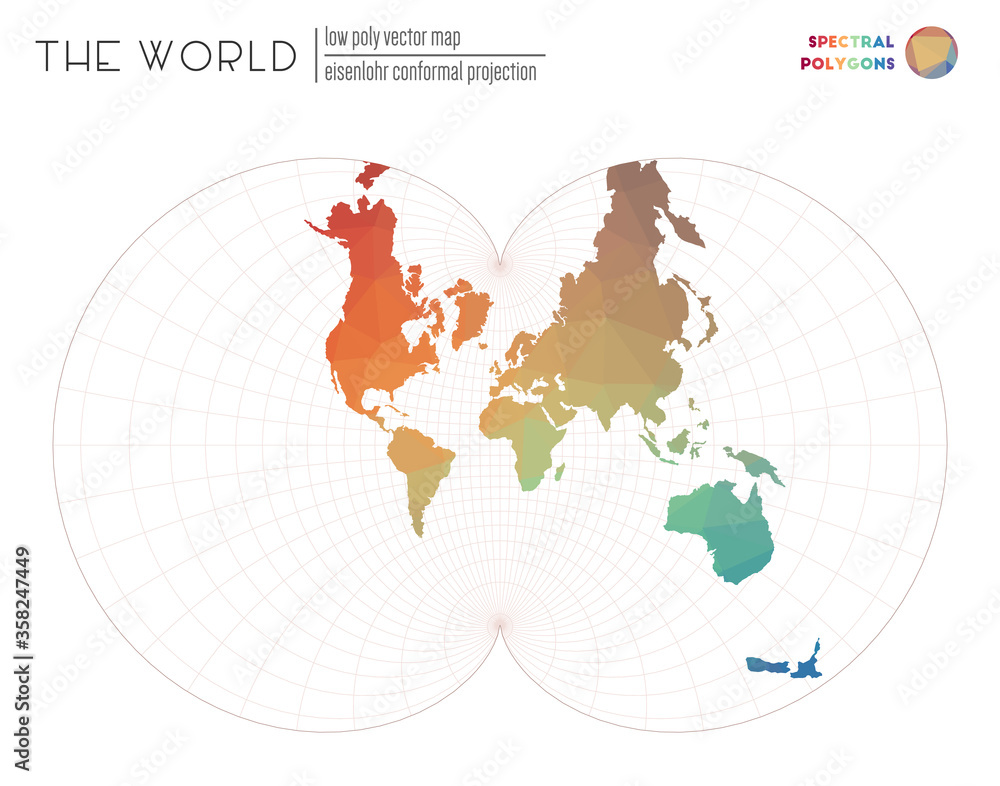 World map in polygonal style. Eisenlohr conformal projection of the world. Spectral colored polygons. Energetic vector illustration. World map in polygonal style. Eisenlohr conformal projection of the world. Spectral colored polygons. Energetic vector illustration.