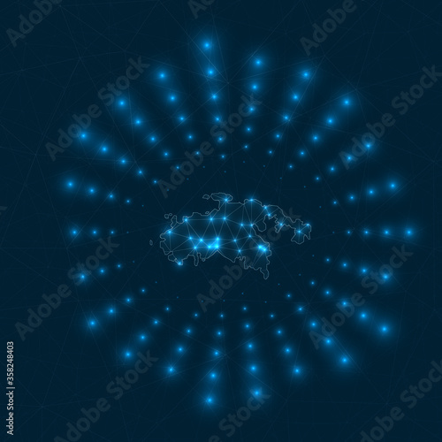 Saint John digital map. Glowing rays radiating from the island. Network connections and telecommunication design. Vector illustration.