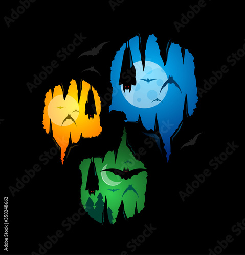 Set Bat cave mountains rock silhouette illustration black background