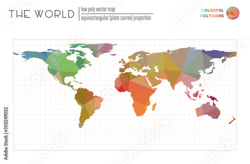Triangular mesh of the world. Equirectangular (plate carree) projection of the world. Colorful colored polygons. Awesome vector illustration.