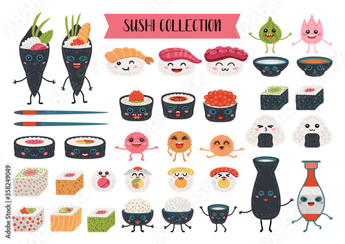 Collection of kawaii rolls and sushi characters