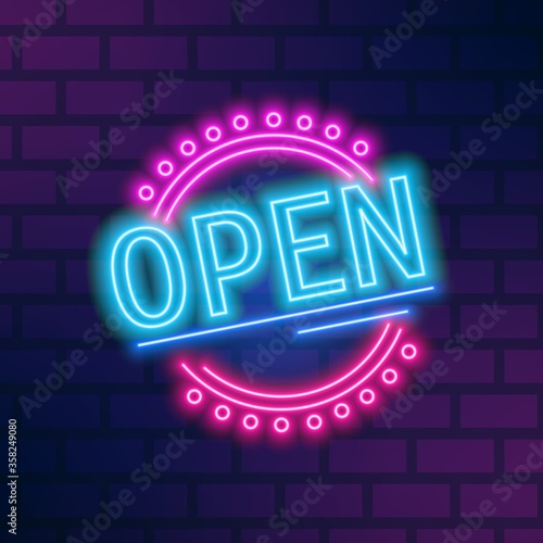 Colorful neon signboard open vector flat illustration. Bright glowing inscription in circle with design elements isolated on brick wall background. Illuminated decorative symbol