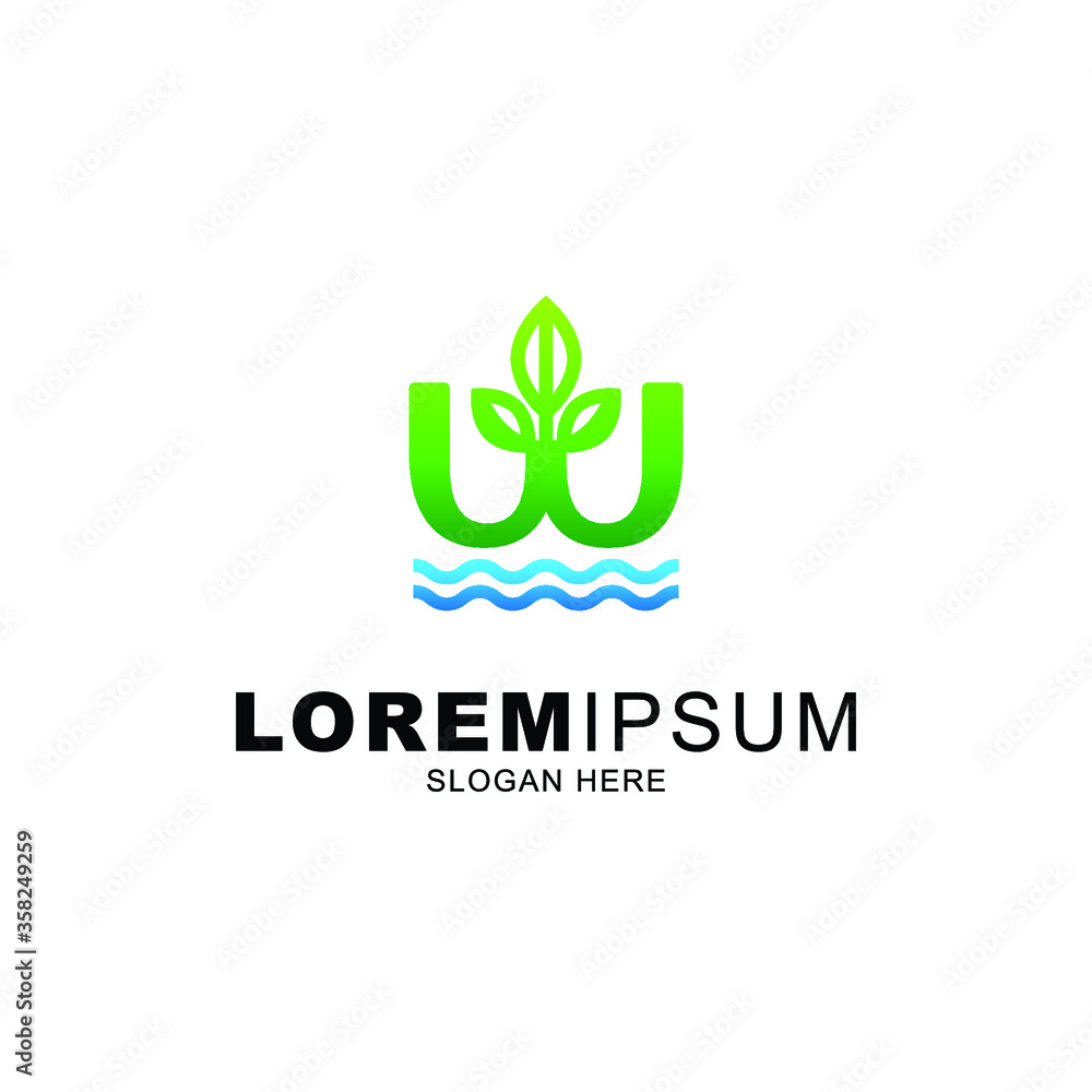 letter W logo with green leaf and water flow letter W logo with green leaf and water flow