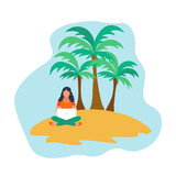 Work outside the office. Freelance or study concept. Girl chatting or working on the island with palm trees. Cute vector illustration in flat style.

