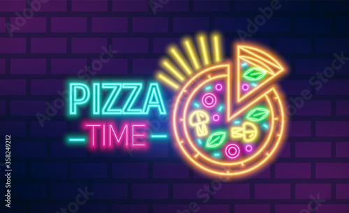 Colorful neon pizzeria signboard vector flat illustration. Bright pizza time cafe with inscription isolated on brick wall background. Glowing light sign of restaurant, cafeteria or bistro
