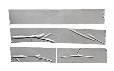 Silver grey repair duct tape pieces isolated. Set of grey metallic tapes on white background