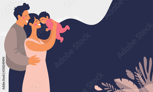 Young happy parents play with a baby. Daddy smiles at his son and hugs his wife. Mom holds daughter in her arms. Modern family. Flat vector illustration