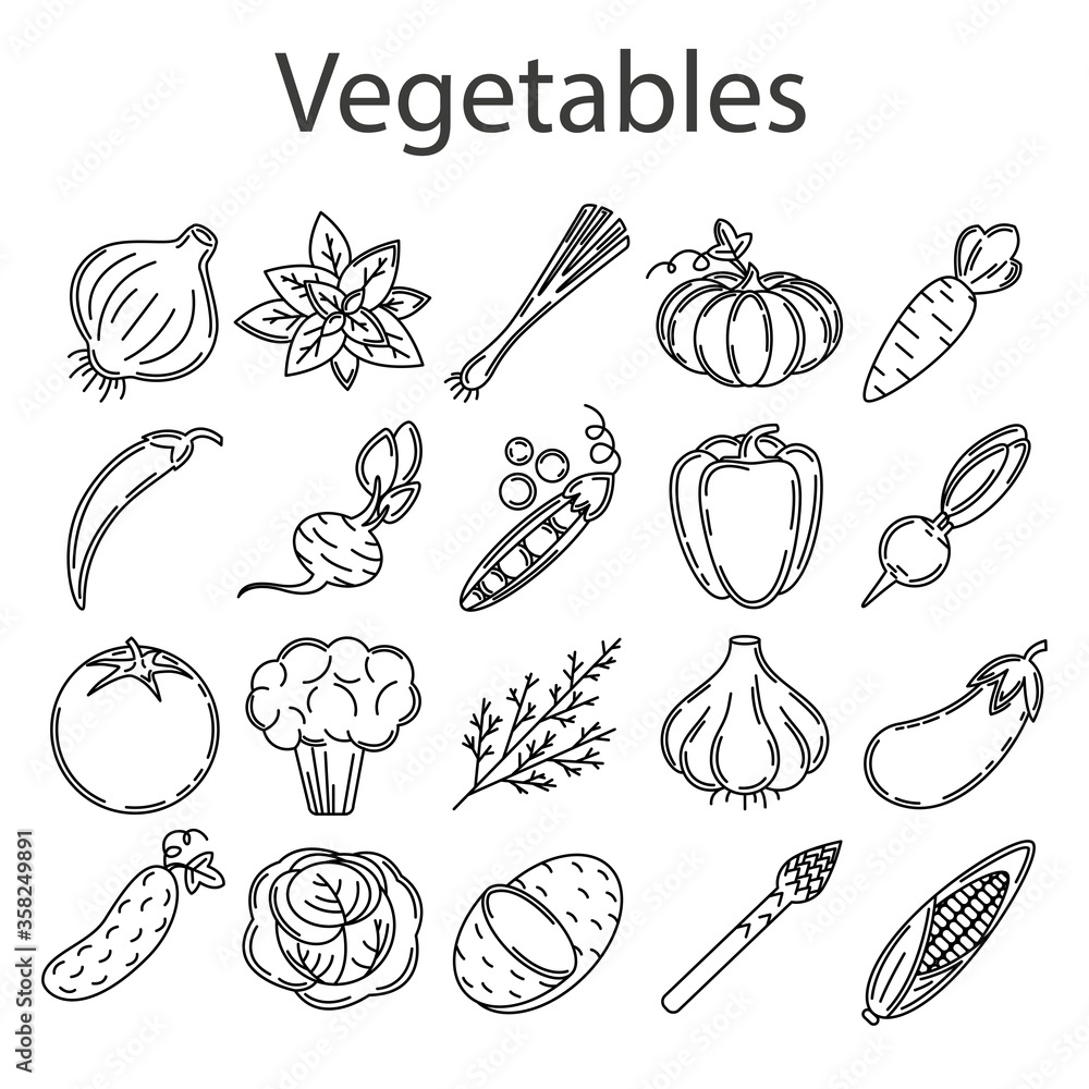 Black icons of vegetables and herbs on a white background. Food collection.
Stock vector. Black icons of vegetables and herbs on a white background. Food collection.
Stock vector.