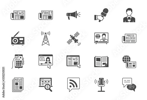 News flat icons. Vector illustration included icon as newspaper, mass media, journalist, fake, television broadcasting, blog influencer, podcast black silhouette pictogram for online press