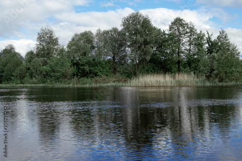 wide river landscape against the blue sky and forest