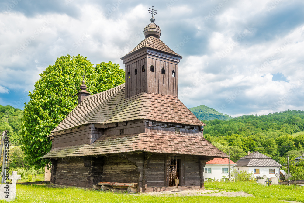 View at the Wooden Church of Saint Michael Archangel in village Ulicske Krive, Slovakia