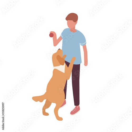 Guy playing with dog hold ball vector isometric illustration. Colorful owner and pet having fun together isolated on white. Doggy stand on rear paws. Friendship between man and domestic animal