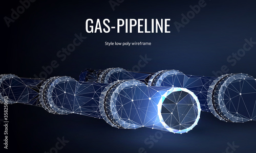 Gas pipeline low poly landing page template. Energy resources transportation pipe with globe valve polygonal illustration. Natural gas extraction and supply industry mesh art website design layout