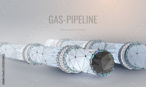 Gas pipeline low poly landing page template. Energy resources transportation pipe with globe valve polygonal illustration. Natural gas extraction and supply industry mesh art website design layout