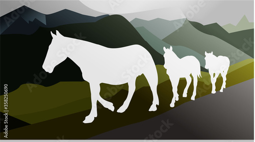 wild horses walking on the backside of the mountain, background illustrator