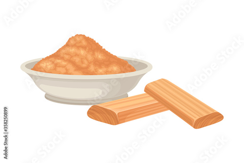 Powdered Sandalwood Poured in Bowl with Chips Rested Nearby Isolated on White Background Vector Illustration
