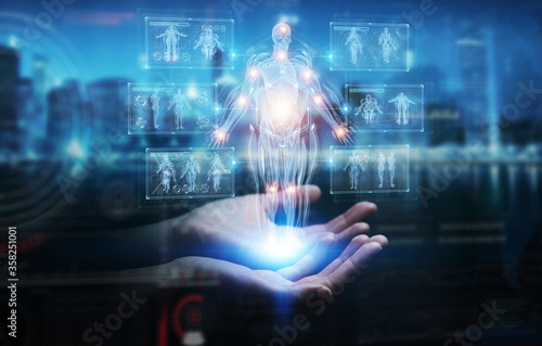 Man hand using digital x-ray human body holographic scan projection 3D rendering