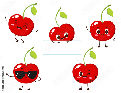 Cute happy red cherry character set