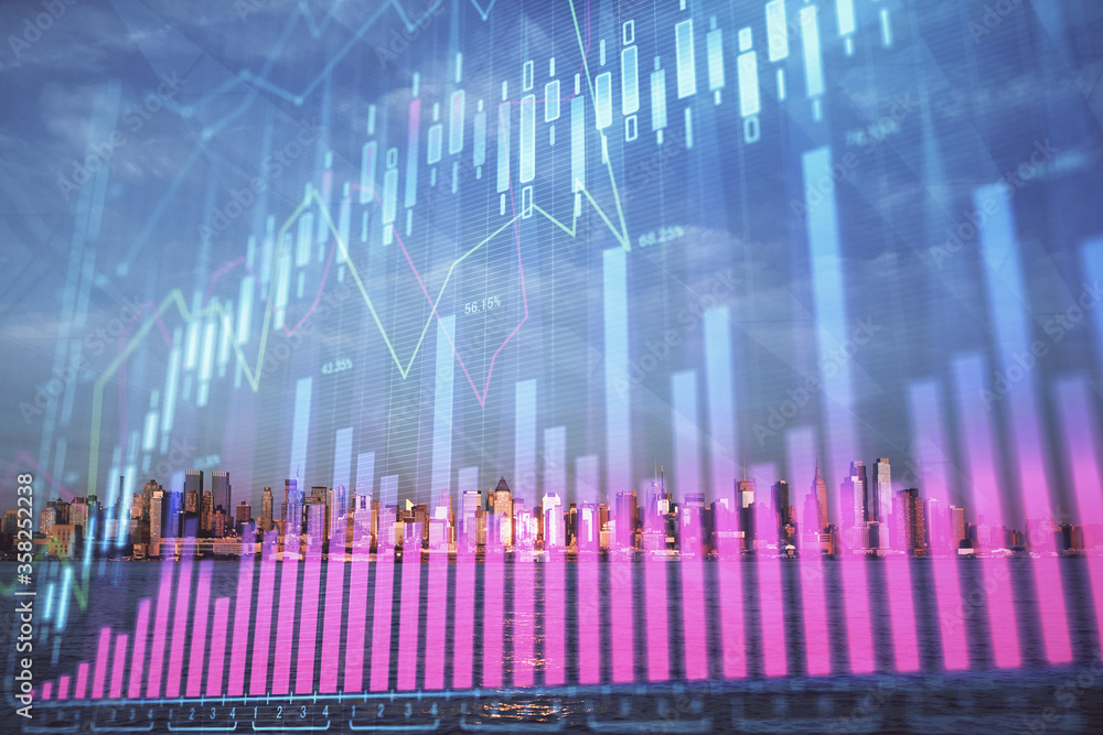 Forex chart on cityscape with skyscrapers wallpaper double exposure. Financial research concept. Forex chart on cityscape with skyscrapers wallpaper double exposure. Financial research concept.