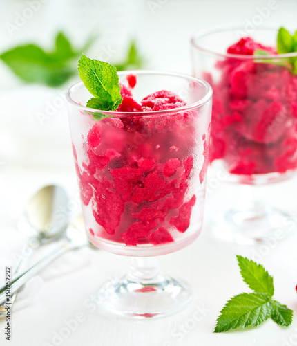 Raspberry sorbet  granite  with champagne. Selective focus