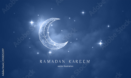 Moon in the starry sky futuristic vector illustration on a blue background, concept for postcard cover. Polygonal crescent moon in the night sky for Ramadan celebration