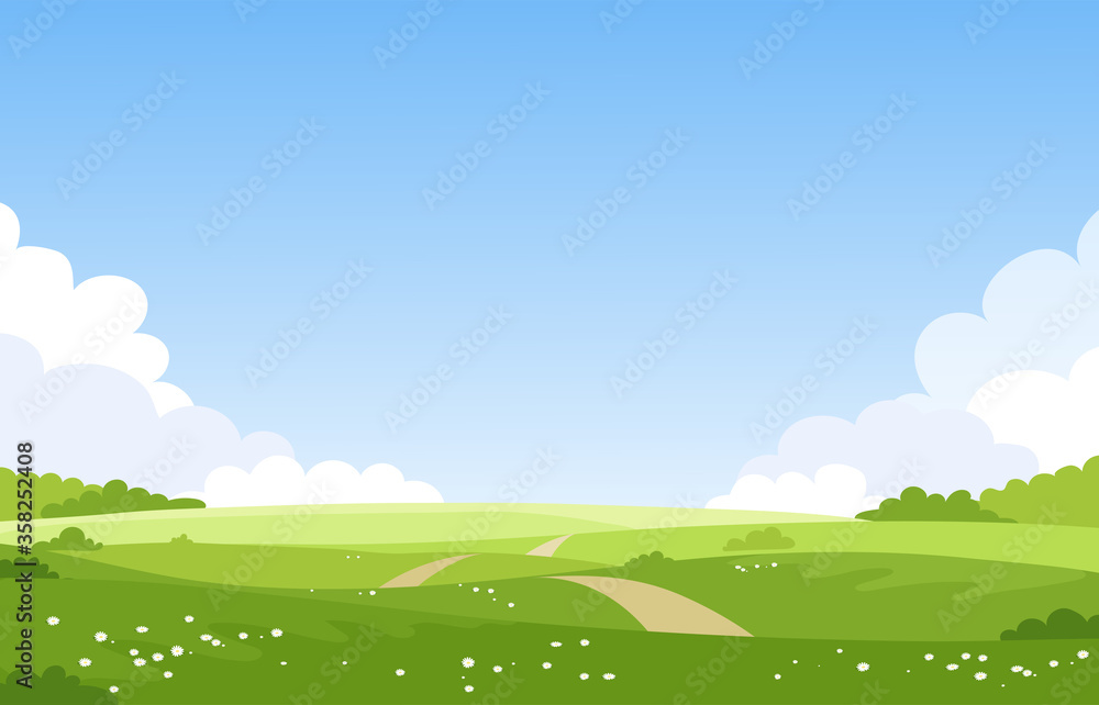 Beautiful spring summer landscape, banner with green fields and meadows. Summer natural background with place for text, green grass, road, couds, sky. Sunny park. Vector illustration.