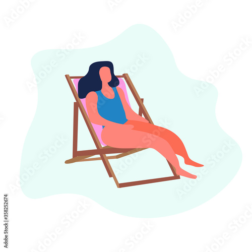 Woman in a blue swimsuit. Vector flat simple illustration. Tourist vacation in a swimsuit sunbathing lying on a deck chair.