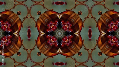 Colored fruit kaleidoscope. Abstract background, loop