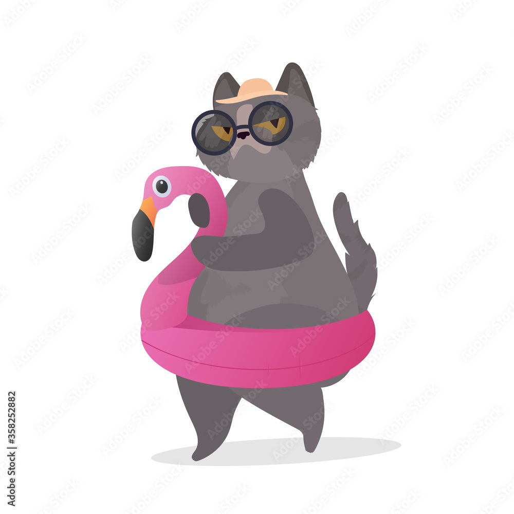 Obraz premium Funny cat with a pink flamingo-shaped rubber ring. Cat in glasses and a hat. Good for stickers, cards and t-shirts. Isolated. Vector.