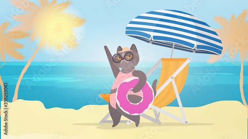 Funny cat with a pink swimming circle. Deckchair, umbrella. Cat in glasses and a hat. Good for stickers, cards and t-shirts. Funny banner on the theme of summer. Vector. © Javvani