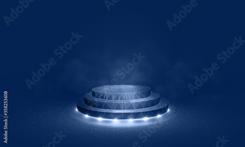 Empty podium vector illustration isolated on a blue background - Neon circle figure in the center in smoke - Empty space for your product